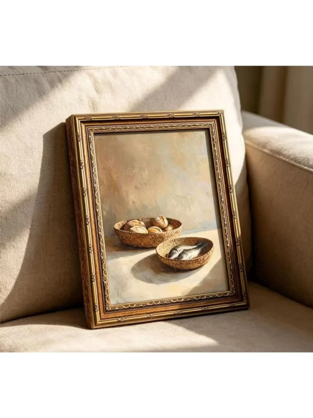 Vintage Gold Framed Still Life Canvas Art - Rustic Bread & Fish Wall Decor 16x24